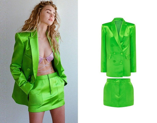 Sharp Green Satin Women Satin Dress Suit, Designer Blazer + Dress Set Formal Tuxedo Smart Casual Event Suit Jacket Party Prom Gift for her