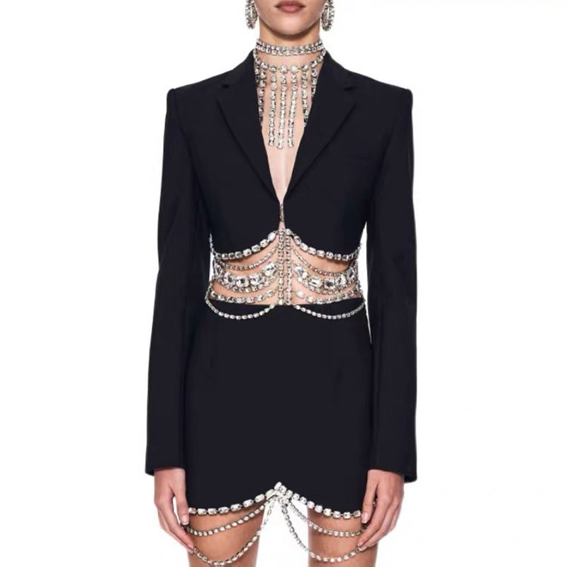 Embellished Blazer + Dress Set, Designer Women Rhinestone Dress Suit Sexy Fashionable Event Party Formal Ball Gift for her