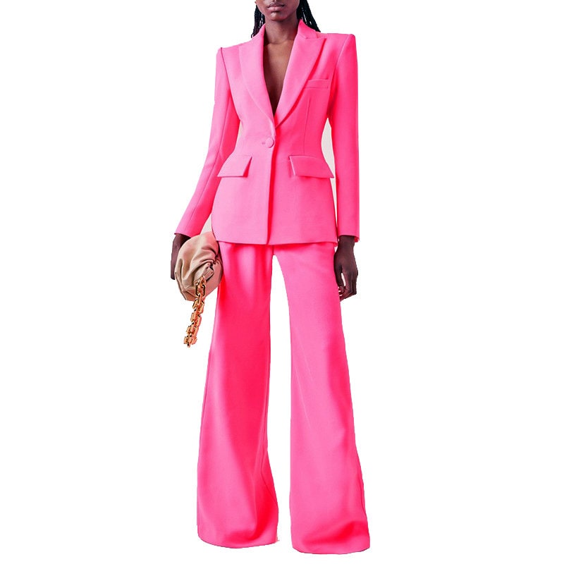 Shocking Pink Pantsuit, Designer Women Blazer Suit Jacket + Flare Pants Formal Smart Casual Event Party Prom Gift for her