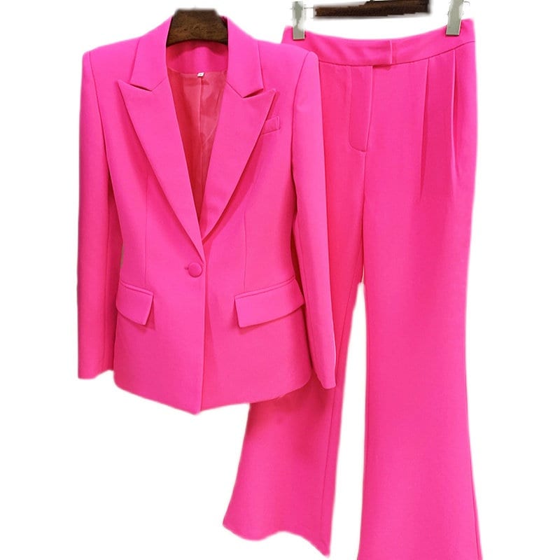 Shocking Pink Pantsuit, Designer Women Blazer Suit Jacket + Flare Pants Formal Smart Casual Event Party Prom Gift for her