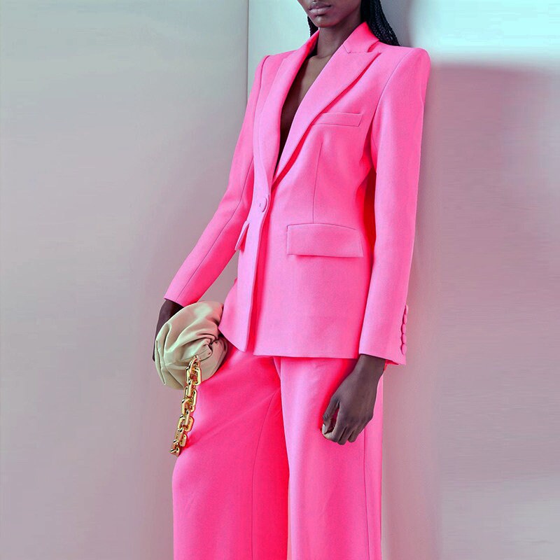 Shocking Pink Pantsuit, Designer Women Blazer Suit Jacket + Flare Pants Formal Smart Casual Event Party Prom Gift for her