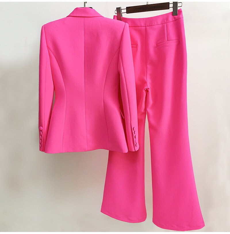 Shocking Pink Pantsuit, Designer Women Blazer Suit Jacket + Flare Pants Formal Smart Casual Event Party Prom Gift for her