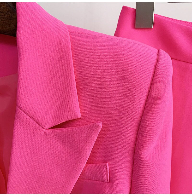 Shocking Pink Pantsuit, Designer Women Blazer Suit Jacket + Flare Pants Formal Smart Casual Event Party Prom Gift for her