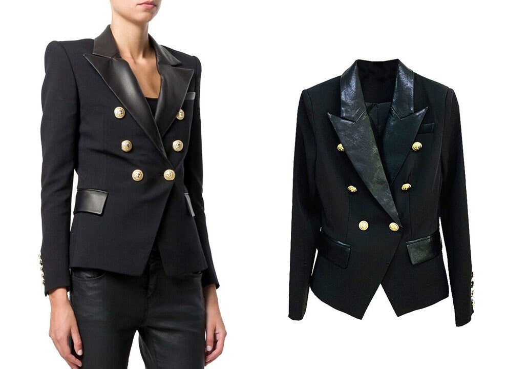 Women PU Leather Blazer ,Designer Double Breasted Suit Jacket Golden Buttons Slim Cut Suit Formal Event Party Function Gift for her