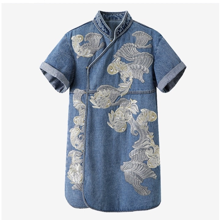 Denim Embroidery One Piece, Designer Women Golden Fish Graphics Dress Smart Casual Event Party Gift for her