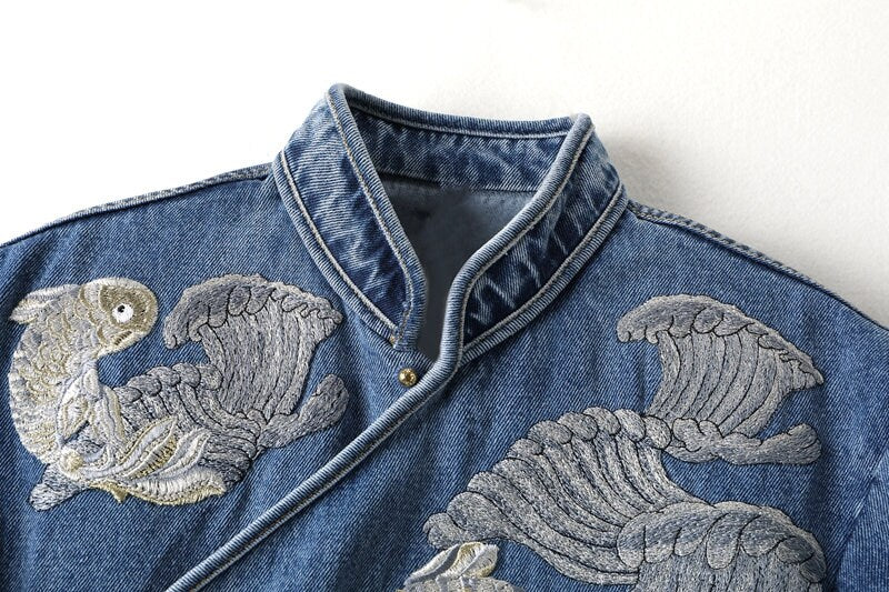 Denim Embroidery One Piece, Designer Women Golden Fish Graphics Dress Smart Casual Event Party Gift for her