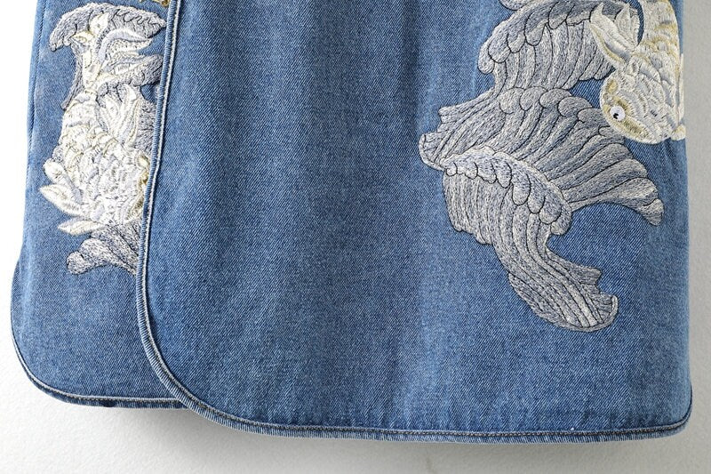 Denim Embroidery One Piece, Designer Women Golden Fish Graphics Dress Smart Casual Event Party Gift for her