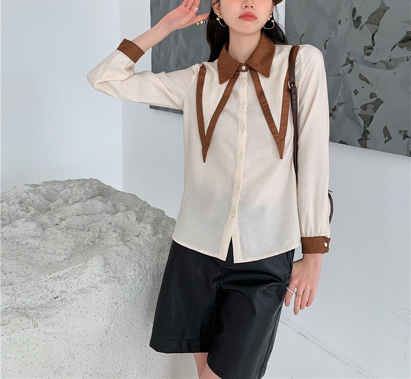 Double Layers Collar Blouse, Designer Women Button Shirt Classic Minimalist Smart Casual Formal Event Party Gift for her