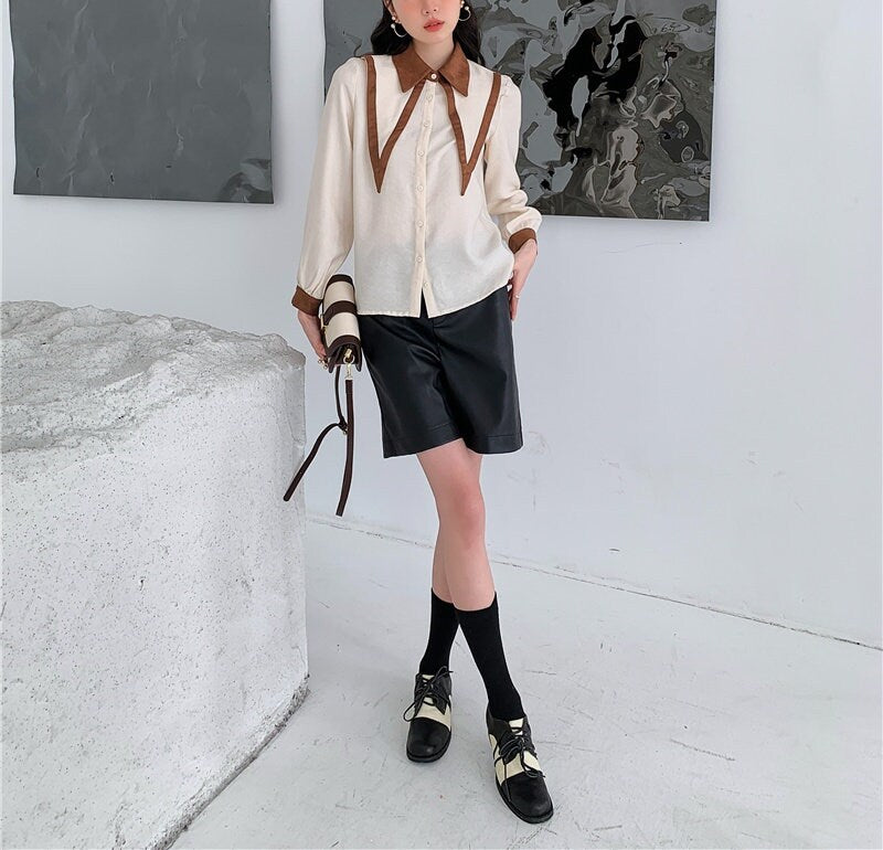 Double Layers Collar Blouse, Designer Women Button Shirt Classic Minimalist Smart Casual Formal Event Party Gift for her