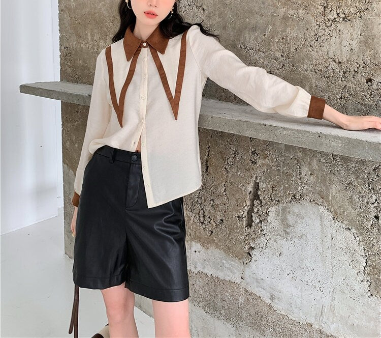 Double Layers Collar Blouse, Designer Women Button Shirt Classic Minimalist Smart Casual Formal Event Party Gift for her