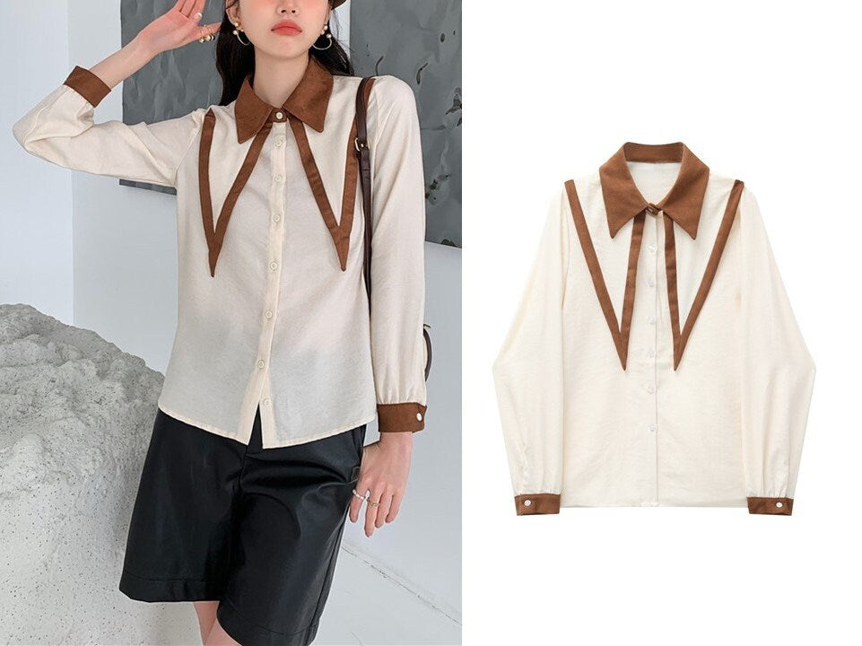 Double Layers Collar Blouse, Designer Women Button Shirt Classic Minimalist Smart Casual Formal Event Party Gift for her