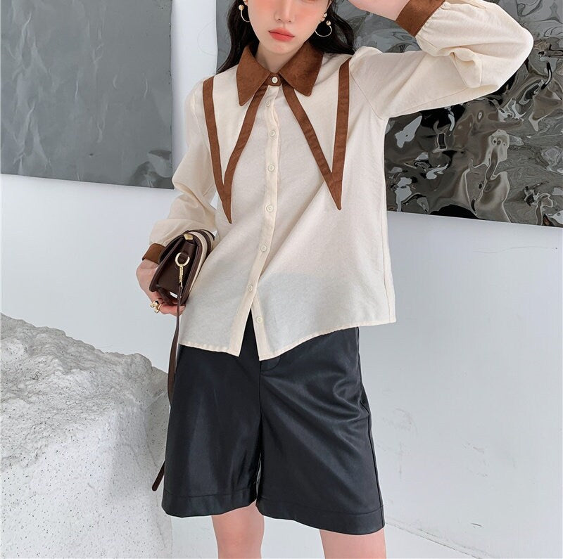 Double Layers Collar Blouse, Designer Women Button Shirt Classic Minimalist Smart Casual Formal Event Party Gift for her