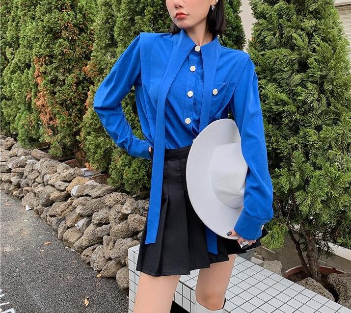 Long Collar Blue Art Blouse, Designer Women Button Shirt Minimalist Modern Design Art Smart Casual Formal Event Party Gift for her