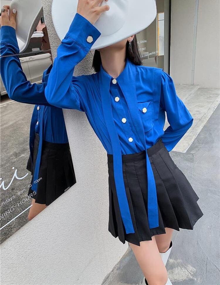 Long Collar Blue Art Blouse, Designer Women Button Shirt Minimalist Modern Design Art Smart Casual Formal Event Party Gift for her