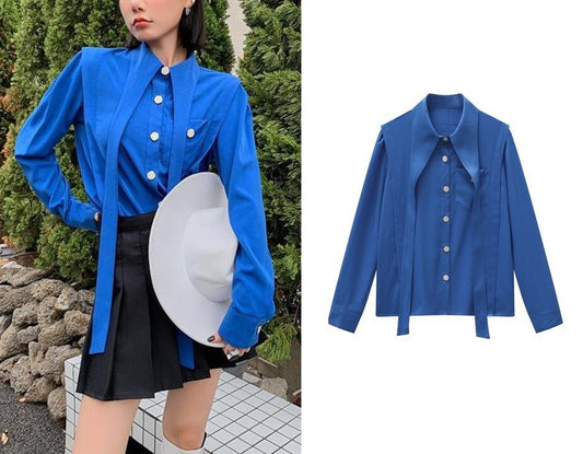 Long Collar Blue Art Blouse, Designer Women Button Shirt Minimalist Modern Design Art Smart Casual Formal Event Party Gift for her