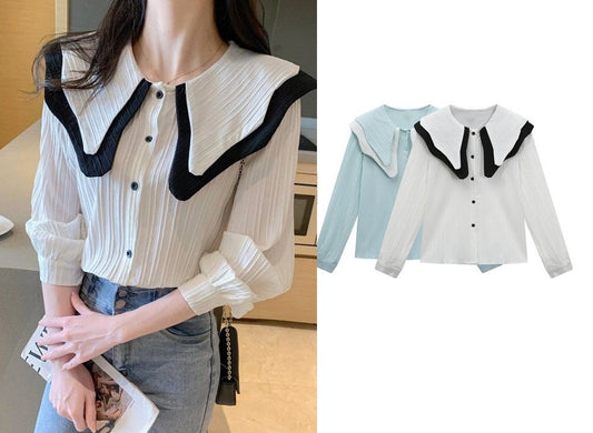 Ruffle Collar Pastel Blouse, Designer Women Button Shirt Princess Classic Smart Casual Formal Event Party Gift for her