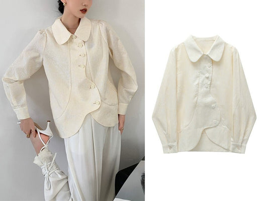 Beige Irregular Ruffle Cut Blouse, Designer Women Button Shirt Classic Elegant Minimalist Style Smart Casual Formal Event Party Gift for her