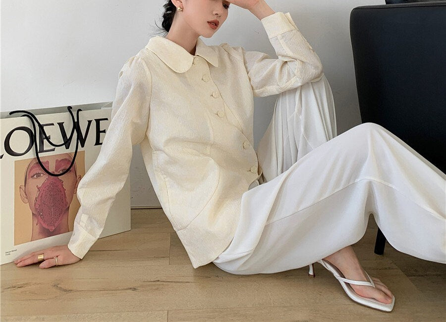 Beige Irregular Ruffle Cut Blouse, Designer Women Button Shirt Classic Elegant Minimalist Style Smart Casual Formal Event Party Gift for her