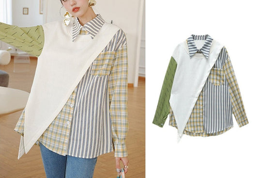 Patchwork Layered Blouse, Designer Women Button Shirt Collate Art Striped Pattern Smart Casual Formal Event Part Gift for her