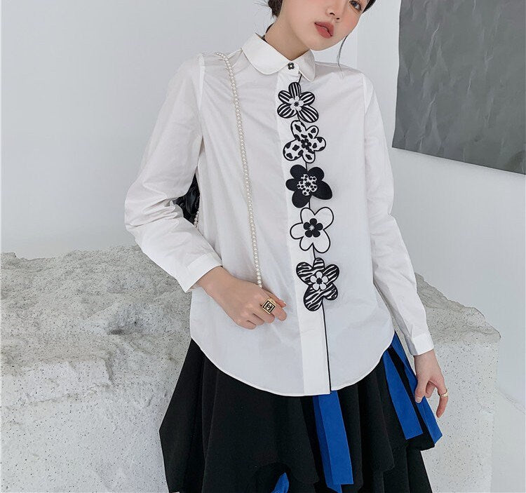 Embroidery Flower Blouse, Designer Women Modern Art Minimalist Style Smart Casual Formal Event Party Gift for her