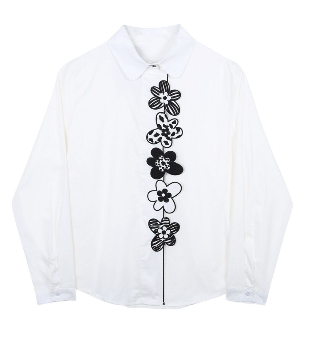 Embroidery Flower Blouse, Designer Women Modern Art Minimalist Style Smart Casual Formal Event Party Gift for her