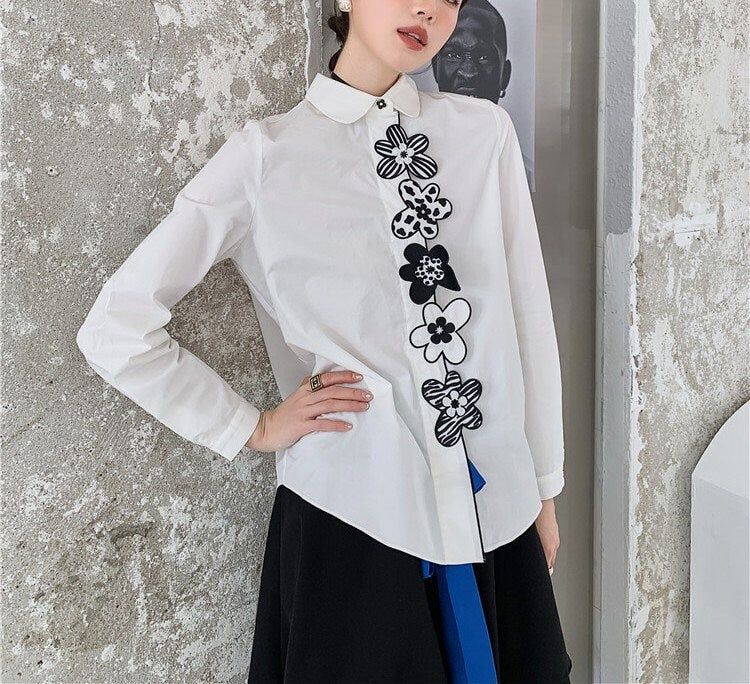 Embroidery Flower Blouse, Designer Women Modern Art Minimalist Style Smart Casual Formal Event Party Gift for her