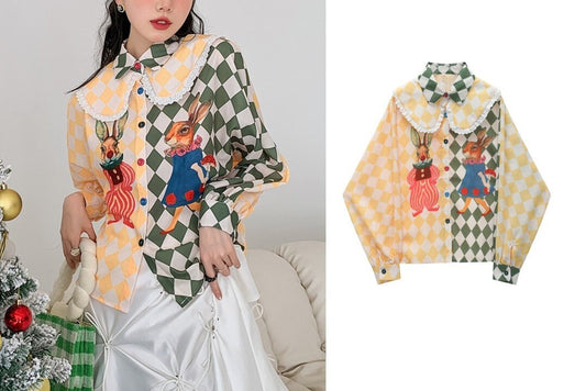 Alice in Wonder land Crown Collar Asymetric Blouse, Designer Women Graphcis Print Button Shirt Classic Modern Art Fairy Tales Gift for her