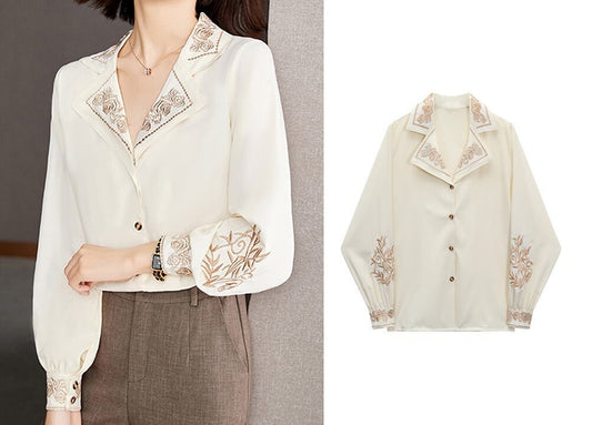 Royal Princess Embroidery Blouse, Designer Women Minimalist Classic Vintage Style Button Shirt Smart Casual Formal Event Party Gift for her