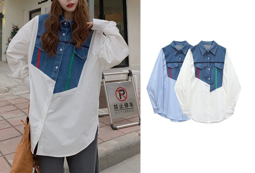 Patchwork Denim Blouse, Designer Women Street Style Button Shirt Smart Casual Loose Fit Asymmetric ShapeEvent Party Gift for her