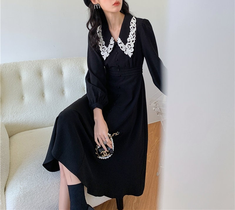 Royal Style Black Dress, Designer Women Lace Collar Minimalist Vintage Event Party Gift for her