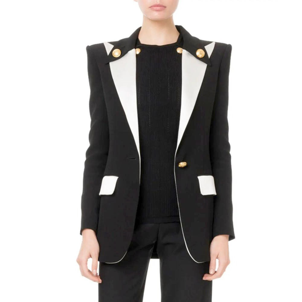 Woman Tuxedo Blazer, Designer Slim Cut Fashion Black & White Jacket Smart Casual Formal Event Party Gift for her Suit Jacket