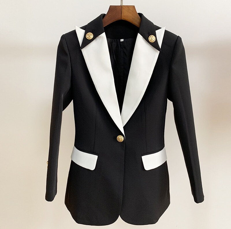 Woman Tuxedo Blazer, Designer Slim Cut Fashion Black & White Jacket Smart Casual Formal Event Party Gift for her Suit Jacket