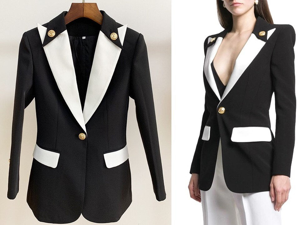 Woman Tuxedo Blazer, Designer Slim Cut Fashion Black & White Jacket Smart Casual Formal Event Party Gift for her Suit Jacket