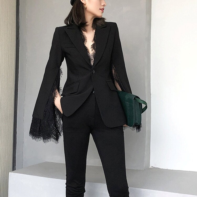 Women Black/ White Blazer Lace Decorated, Designer Suit Jacket Minimalist Puffy Sleeves Event Party Smart Casual Formal Gift for her