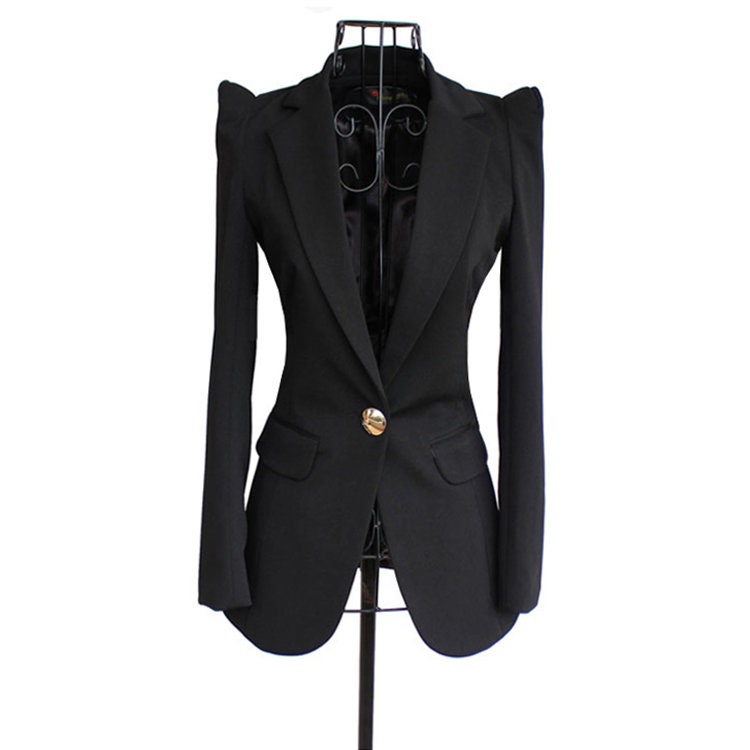 Black Point Shoulder Blazer, Designer Woman Suit Jacket Big Shoulder Minimal Solid Black Model Catwalk Smart Casual/ Formal/ Event/ Party