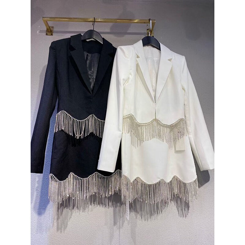 Embellished Tassels Blazer + Dress Set, Designer Women Rhinestone Dress Suit Sexy Fashionable Event Party Formal Ball Gift for her