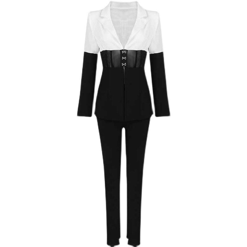 Black and White Patchwork Pantsuit, Designer Women Blazer Suit Jacket + Pants Slim Cut Transparent Waist Event Party Prom Formal For Gift