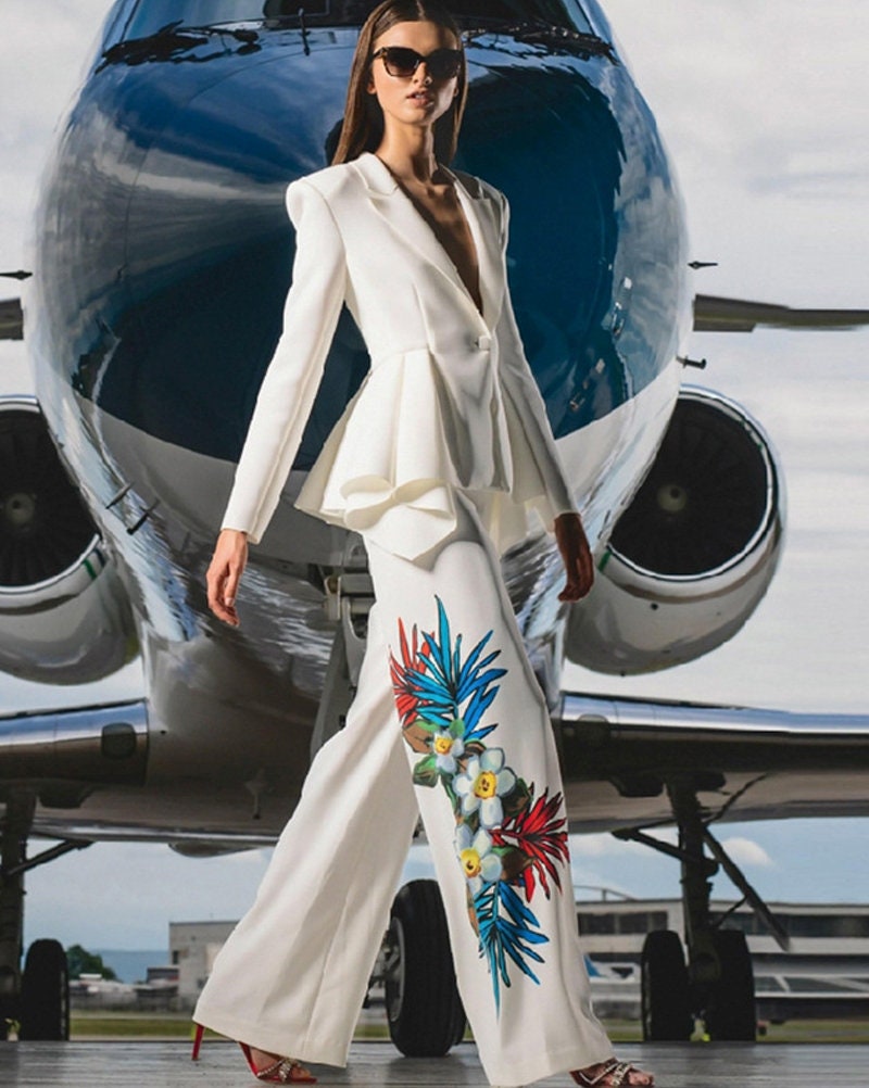 Women Whie Floral Graphcis Pantsuit Tuxedo, Designer Blazer + Flare Pants Minimalist Formal Event Party Prom Gift for her