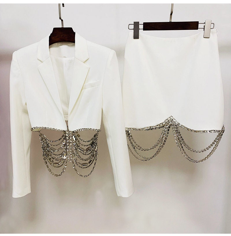 Embellished Blazer + Dress Set, Designer Women Rhinestone Dress Suit Sexy Fashionable Event Party Formal Ball Gift for her