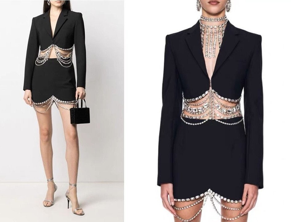 Embellished Blazer + Dress Set, Designer Women Rhinestone Dress Suit Sexy Fashionable Event Party Formal Ball Gift for her