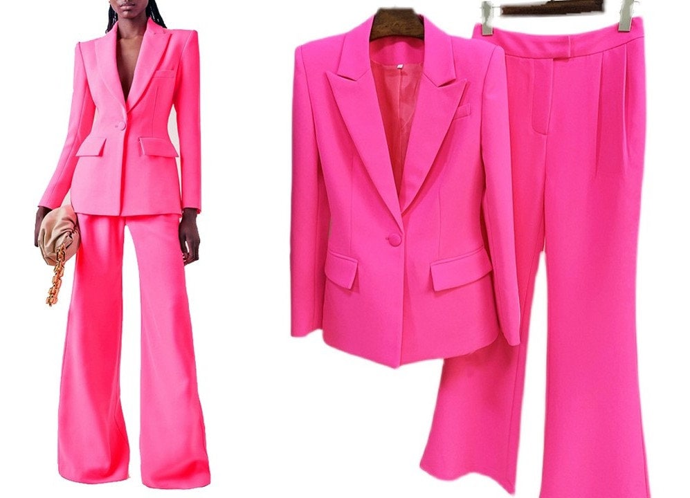 Shocking Pink Pantsuit, Designer Women Blazer Suit Jacket + Flare Pants Formal Smart Casual Event Party Prom Gift for her