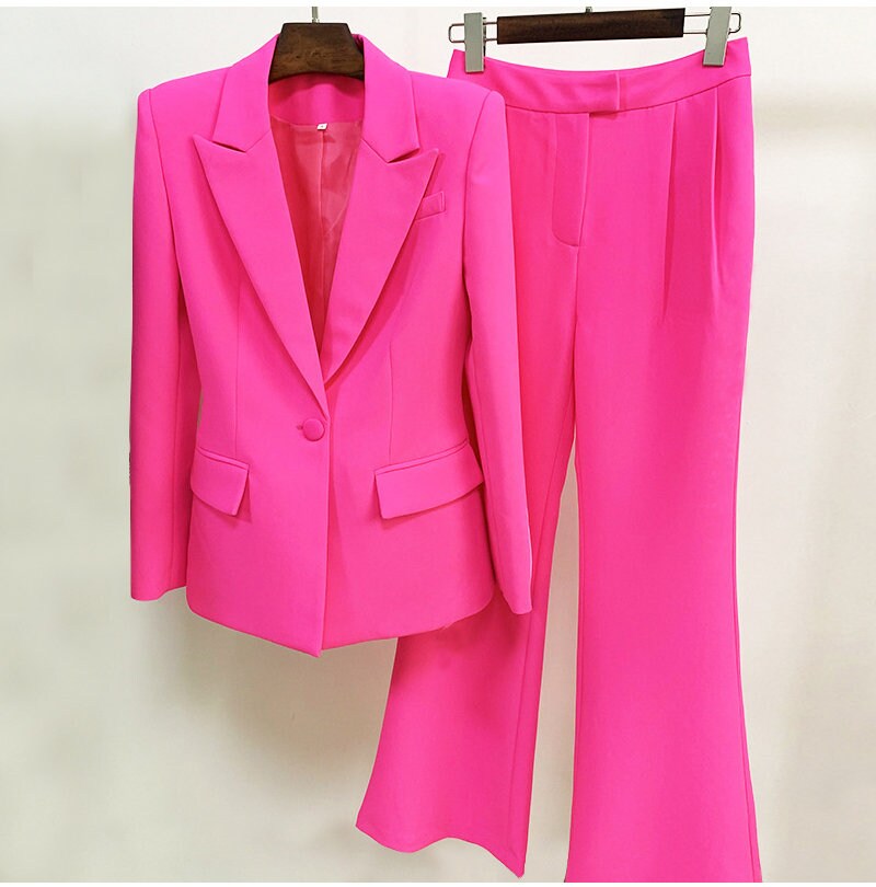 Shocking Pink Pantsuit, Designer Women Blazer Suit Jacket + Flare Pants Formal Smart Casual Event Party Prom Gift for her