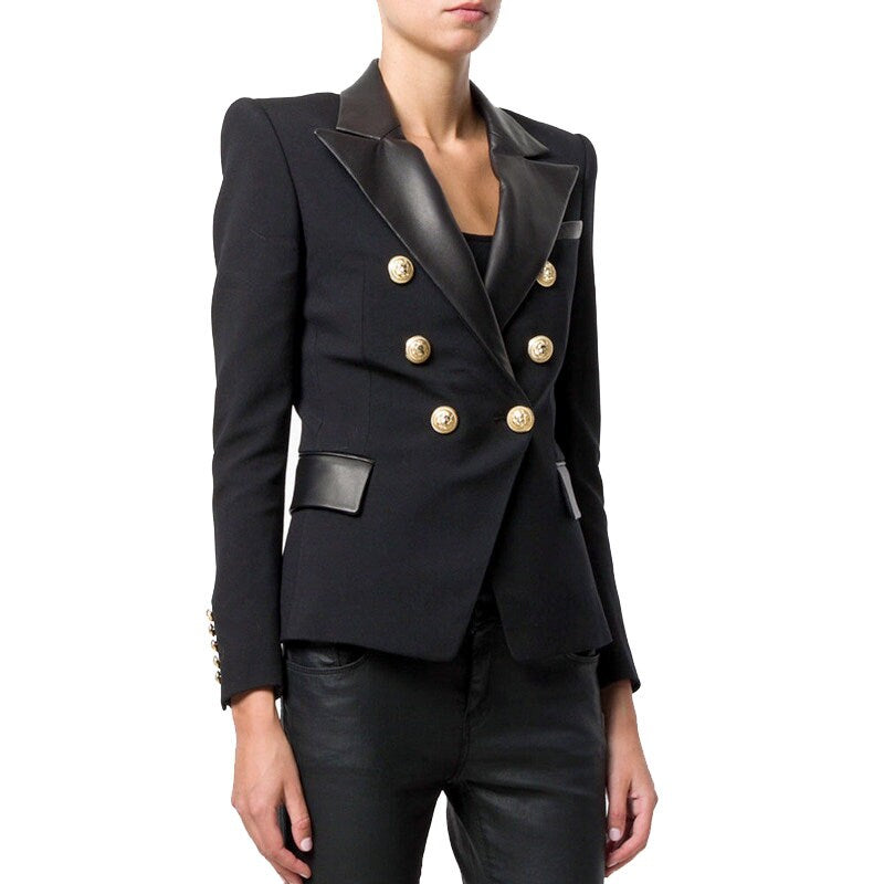 Women PU Leather Blazer ,Designer Double Breasted Suit Jacket Golden Buttons Slim Cut Suit Formal Event Party Function Gift for her