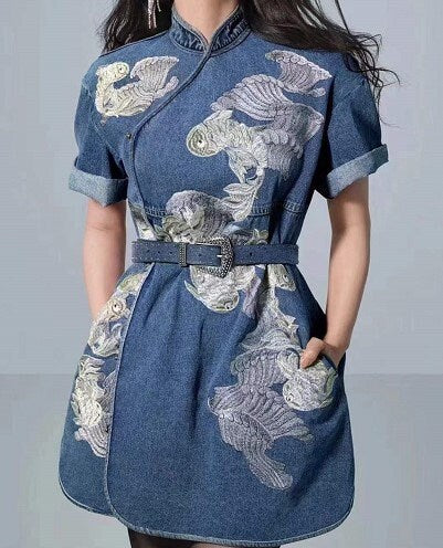 Denim Embroidery One Piece, Designer Women Golden Fish Graphics Dress Smart Casual Event Party Gift for her