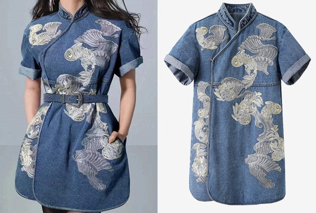 Denim Embroidery One Piece, Designer Women Golden Fish Graphics Dress Smart Casual Event Party Gift for her