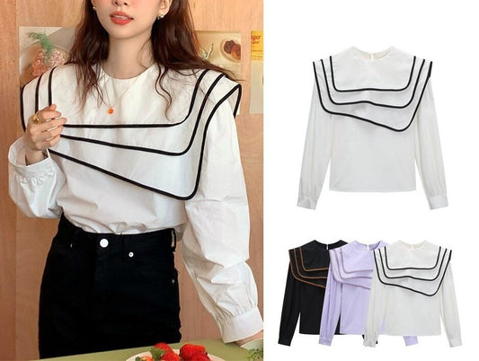 Artsy Blouse Navy Style, 3-layers Collar Designer White/ Black/ Purple Women Shirt Classic Top Smart Casual Event Party Gift for her