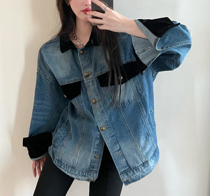 Denim Shirt Jacket, Designer Women Long Button Shirt Patchwork Style Smart Casual Event Party Outdoors Gift for her