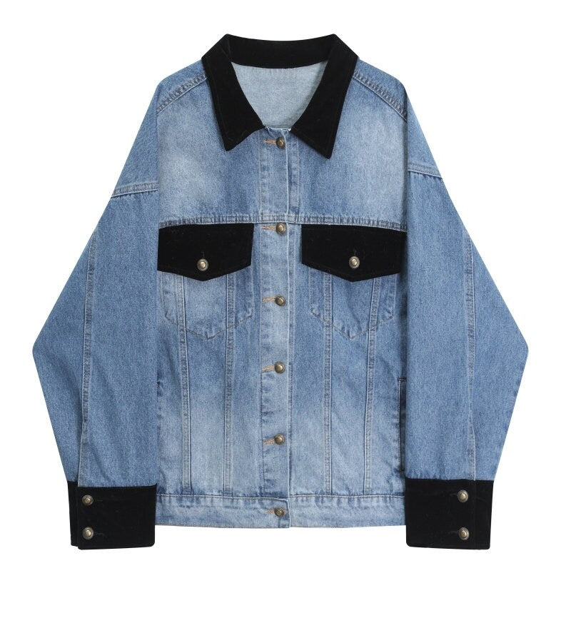 Denim Shirt Jacket, Designer Women Long Button Shirt Patchwork Style Smart Casual Event Party Outdoors Gift for her