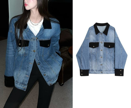 Denim Shirt Jacket, Designer Women Long Button Shirt Patchwork Style Smart Casual Event Party Outdoors Gift for her