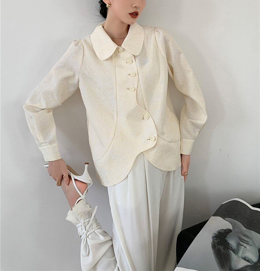 Beige Irregular Ruffle Cut Blouse, Designer Women Button Shirt Classic Elegant Minimalist Style Smart Casual Formal Event Party Gift for her